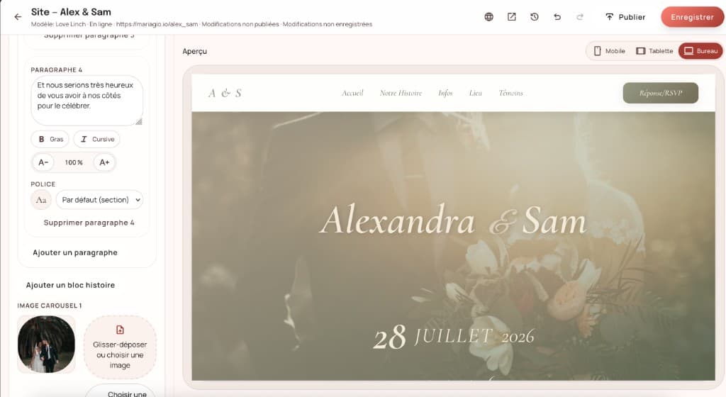 Éditeur de site Mariagio — aperçu du site de mariage et panneau de personnalisation en direct