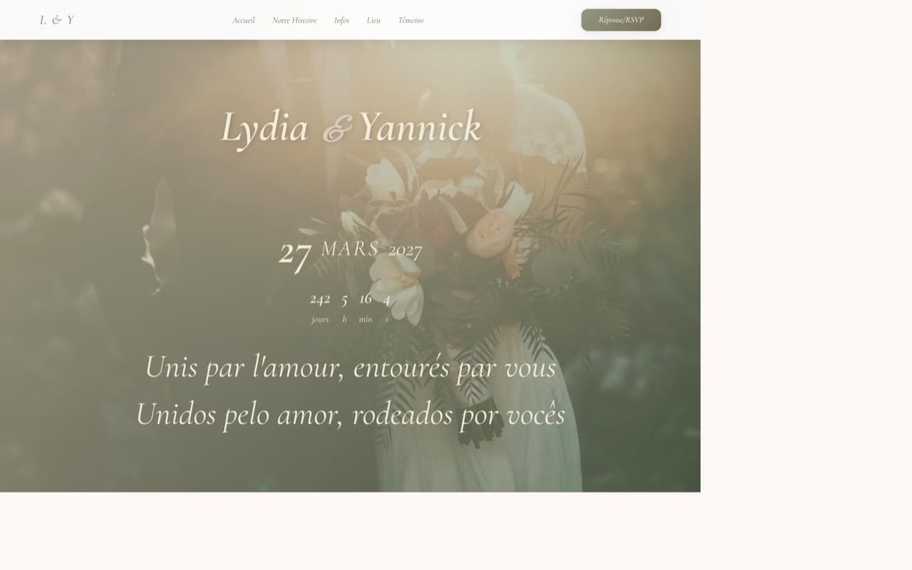 Exemple de site de mariage Mariagio — page d'accueil avec photo du couple, date et compte à rebours