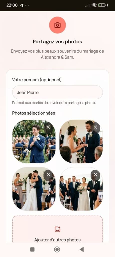 Page Mariagio sur mobile — partage de photos du mariage avec sélection d'images et envoi vers la galerie privée