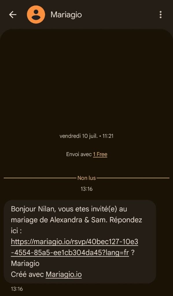 SMS Android reçu de Mariagio — invitation au mariage avec lien RSVP